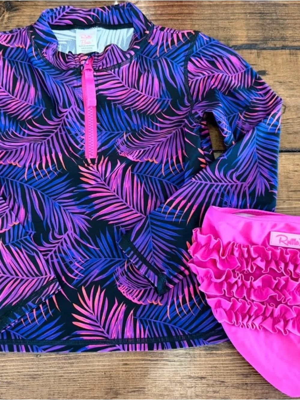 Ruffle Butts Pink & Purple Palm Leaf Rashguard Set